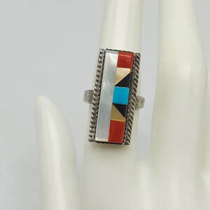 Calvin Tom Navajo Sterling Silver Multi-Stone Mosaic Inlay Ring Size 7